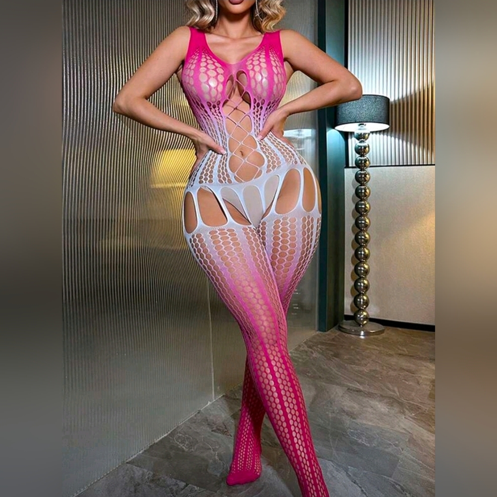 NWT OSFM Pink and White Fishnet Bodysuit
